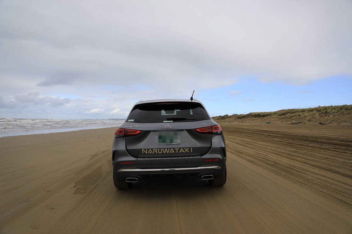 車窓から見える海と砂浜