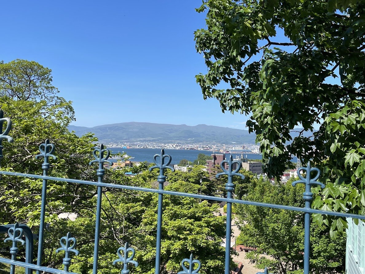 ロープウェイと市街地、緑豊かな風景