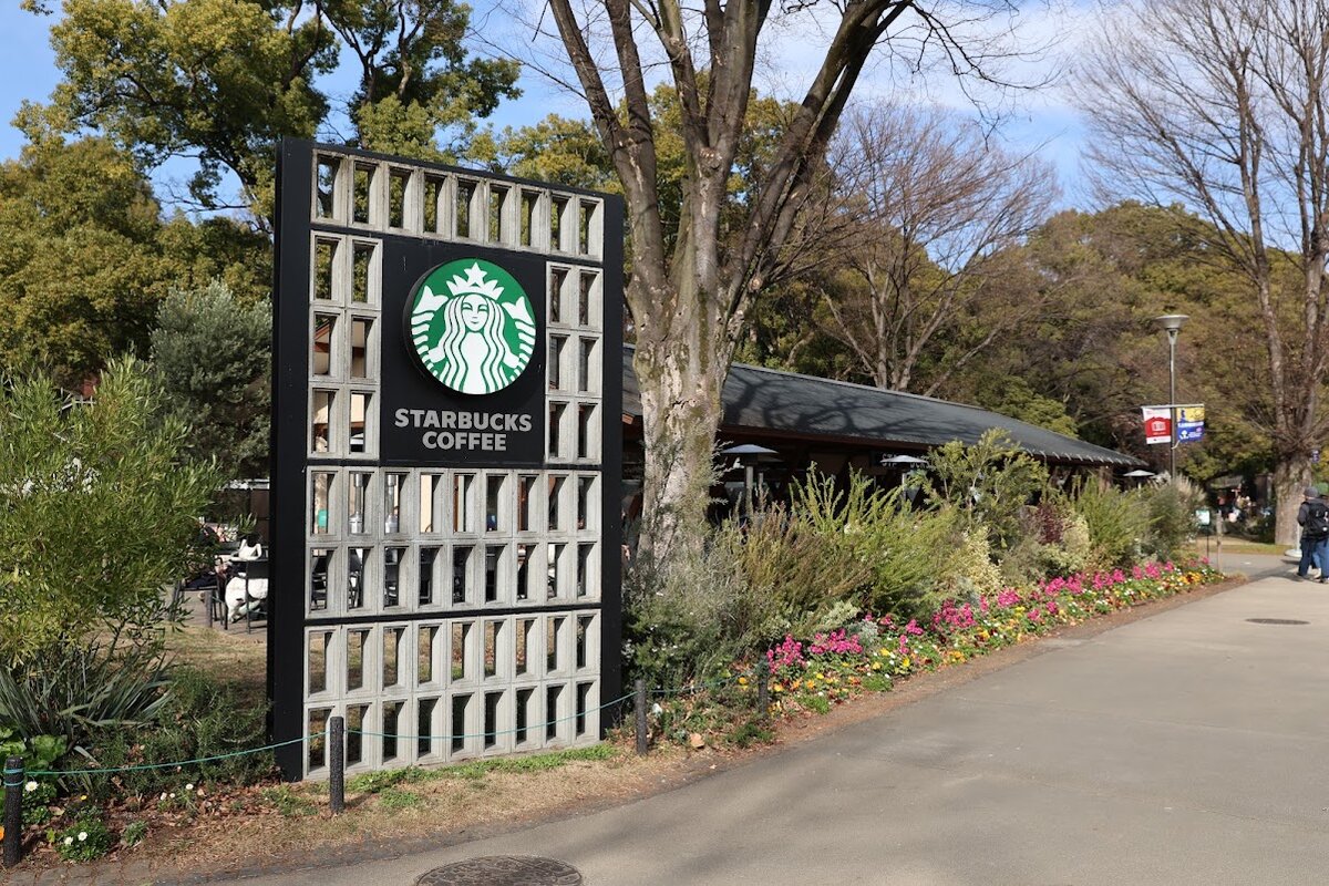 STARBUCKS COFFEE：スターバックスの看板と建物、公園の風景