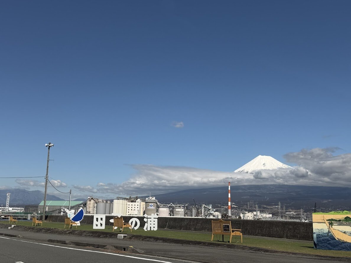 田子の浦：田子の浦の看板と富士山